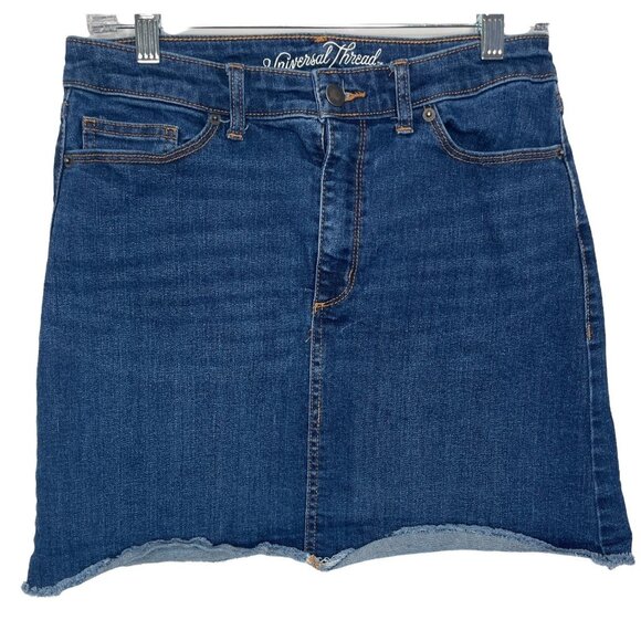 Universal Thread Blue Denim Skirt Size 6 Frayed Hem Mini Y2K Jean Skirt - Picture 1 of 7